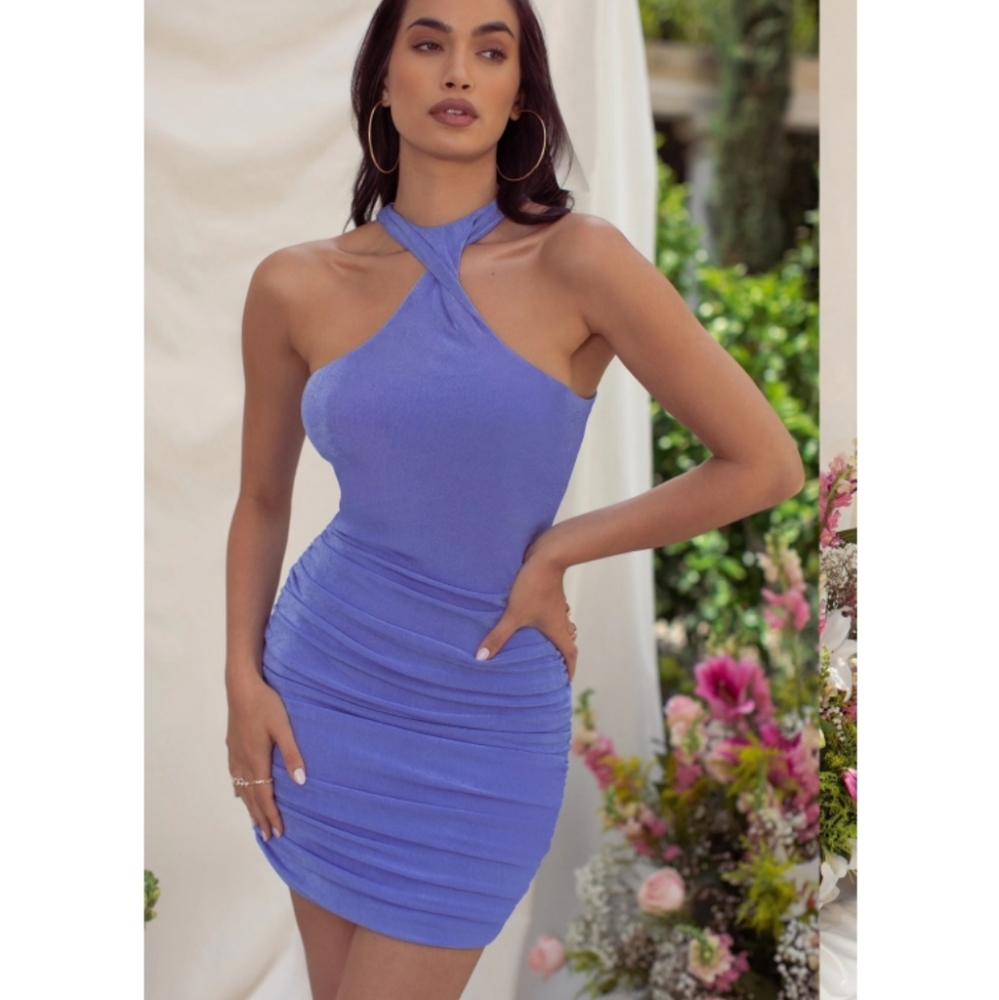 NWT GORGEOUS Blue RUCHED Twist Front Mini Dress - Picture 4 of 14